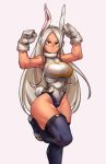  1girl absurdres animal_ear_fluff animal_ears bangs black_legwear boku_no_hero_academia bunny_ears bunny_tail clenched_hands commentary covered_navel dark_skin english_commentary flexing gloves highres kelvin_hiu leotard long_eyelashes long_hair looking_at_viewer muscle muscular_female parted_bangs pose silver_hair solo standing standing_on_one_leg tail thick_thighs thighhighs thighs usagiyama_rumi white_background white_gloves wide_hips 