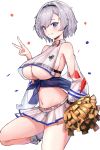  1girl absurdres azur_lane blue_eyes breasts cheerleader commentary_request cowboy_shot crop_top eagle_union_(emblem) from_side gu_luco highres holding holding_pom_poms large_breasts looking_at_viewer midriff navel official_alternate_costume parted_hair pom_pom_(cheerleading) purple_sash reno_(azur_lane) reno_(biggest_little_cheerleader)_(azur_lane) sash see-through see-through_skirt short_hair skirt smile solo standing standing_on_one_leg two-tone_skirt underboob v white_background 