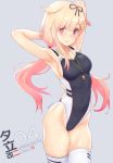  1girl :d armpits arms_up bangs black_swimsuit blonde_hair blush breasts character_name collarbone competition_swimsuit dan_(kumadan) eyebrows_visible_through_hair grey_background hair_between_eyes hair_flaps hair_ornament hair_ribbon hairclip heart highleg highleg_swimsuit highres kantai_collection lips long_hair looking_at_viewer low_twintails medium_breasts one-piece_swimsuit open_mouth parted_lips red_eyes remodel_(kantai_collection) ribbon sideboob simple_background skindentation smile solo swimsuit thighhighs twintails whistle whistle_around_neck white_legwear yuudachi_(kantai_collection) 