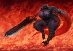 absurd_res anthro armor big_breasts breasts cleavage clothed clothing dragon female fire hi_res melee_weapon morbidly_obese obese overweight patacon skarlett_cynder solo sword thick_thighs weapon 