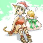  ... 1boy 1girl animal_ears avatar_(ff11) bangs bikini blonde_hair blue_eyes breasts brown_footwear cat_ears cat_girl cat_tail final_fantasy final_fantasy_xi hat in_container in_sack jewelry looking_at_viewer medium_breasts mithra_(ff11) necklace no_eyebrows parted_bangs red_bikini sack sandals santa_hat short_hair short_twintails sitting speech_bubble spoken_ellipsis swimsuit tail tarutaru twintails yuccoshi 