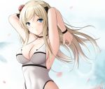  1girl armpits blonde_hair blue_eyes blush bow bracelet breasts choker cleavage collarbone earrings floral_background flower girls_frontline hair_bow hair_flower hair_ornament highres jewelry k5_(girls_frontline) keenh long_hair looking_at_viewer medium_breasts simple_background solo swimsuit white_swimsuit 