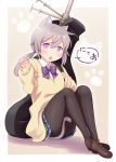  1girl animal_ears bangs black_legwear blue_bow blue_skirt bow brown_footwear brown_sweater cat_ears cat_girl cat_tail claw_pose collared_shirt commentary_request diagonal_stripes eyebrows_visible_through_hair full_body girls_frontline grey_hair hair_between_eyes hand_up haradaiko_(arata_himeko) highres kemonomimi_mode knees_up loafers long_hair long_sleeves looking_at_viewer low_twintails m200_(girls_frontline) pantyhose plaid plaid_skirt pleated_skirt purple_eyes shirt shoes sidelocks sitting skirt sleeves_past_wrists solo striped striped_bow sweater tail translation_request twintails white_shirt 