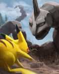  absurd_res ambiguous_gender battle butt-berry cloud day detailed_background duo electricity eye_contact hi_res looking_at_another nintendo onix pikachu pok&eacute;mon pok&eacute;mon_(species) rock signature size_difference tree video_games 