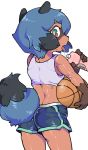  2020 absurd_res anthro athletic ball basketball_(ball) black_body black_fur black_hair blue_body blue_eyes blue_fur blue_hair bodily_fluids bottomwear brand_new_animal brown_body brown_fur butt butt_pose canid canine clothed clothing female fingers fluffy fluffy_tail fur hair hi_res holding_object looking_at_viewer mammal menthak0 michiru_kagemori midriff open_mouth portrait pose raccoon_dog saliva saliva_string short_hair solo studio_trigger sweat tanuki three-quarter_portrait tongue tongue_out topwear track_shorts water_bottle 