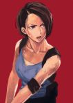  1girl blue_eyes blue_shirt brown_hair dirty dirty_clothes dirty_face highres jill_valentine open_mouth pouch red_background resident_evil resident_evil_3 shirt short_hair simple_background solo tanx3838 white_shirt 