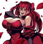  1girl bangs bare_shoulders blood blood_on_face blush breasts camui_kamui cleavage collarbone commentary_request dress elbow_gloves eyebrows_visible_through_hair falling_petals flower gloves grin hair_between_eyes hands_on_own_breasts highres jewelry large_breasts long_hair looking_at_viewer necklace original petals pointing pointing_at_self red_dress red_eyes red_hair rose rose_petals smile twintails white_background 