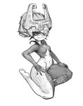  1girl black_skin breasts fang full_body greyscale hand_on_hip hand_on_own_thigh helmet highres imp kelvin_hiu long_hair looking_at_viewer midna monochrome navel no_nipples no_toes one_eye_covered pointy_ears ponytail short_stack small_breasts smile solo the_legend_of_zelda the_legend_of_zelda:_twilight_princess thick_thighs thighs two-tone_skin 