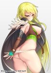  1girl artist_name ass bangs black_cape black_legwear blonde_hair blush breasts breasts_outside bridal_gauntlets brown_eyes butt_crack cape closed_mouth commentary_request elsword eyebrows_visible_through_hair feather_trim from_behind green_hair grey_background large_breasts leaning_forward leather legs_apart long_hair looking_at_viewer looking_back night_watcher_(elsword) nipples panties panty_pull pointy_ears rena_erindel revision shoulder_pads simple_background solo standing symbol-shaped_pupils thighhighs thighs tsurime underwear undressing very_long_hair waero watermark web_address white_panties 