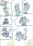  &lt;3 age_regression angry baby_pok&eacute;mon blue_body blue_eyes blue_hair canid canine clothing comic feral hair human human_to_feral male mammal nintendo paws pok&eacute;mon pok&eacute;mon_(species) rainbowraven red_eyes riolu shrinking smile species_transformation text traditional_media_(artwork) transformation video_games 