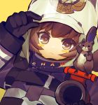  1girl adjusting_headwear animal_on_shoulder arknights black_gloves blush_stickers brown_eyes brown_hair character_name coat copyright_name english_text firefighter gloves helmet hose k.k_(pixiv) looking_at_viewer shaw_(arknights) short_hair simple_background solo squirrel strap upper_body white_helmet yellow_background 