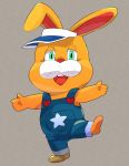  2020 animal_crossing anthro clothing hat headgear headwear lagomorph leporid mammal masshiro nintendo overalls rabbit simple_background solo video_games yellow_body zipper_t._bunny 