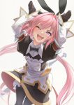  1boy astolfo_(saber)_(fate) bangs black_bow black_gloves black_ribbon bow bowtie commentary_request eyebrows_visible_through_hair fate/grand_order fate_(series) gloves hair_bow hair_intakes hair_ribbon highres long_hair long_sleeves looking_at_viewer male_focus multicolored_hair one_eye_closed otoko_no_ko pink_hair purple_eyes ribbon simple_background solo streaked_hair twintails white_background white_hair yunar 