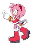  accessory amy_rose anthro boots clothing dress eulipotyphlan eyelashes female footwear fur gesture gloves green_eyes hair_accessory hairband handwear hedgehog hi_res looking_back mammal pink_body pink_fur pink_skin pose randomguy999 simple_background smile solo sonic_the_hedgehog_(series) standing v_sign 