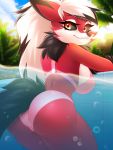  3:4 amber_eyes anthro black_sclera breasts bubble butt clothing cloud dannyckoo digimon digimon_(species) female fur hair hi_res hybrid looking_at_viewer looking_back lycanroc midnight_lycanroc multicolored_eyes multicolored_hair nintendo partially_submerged pok&eacute;mon pok&eacute;mon_(species) ponytail red_body red_fur renamon smile solo swimming_pool swimwear two_tone_hair video_games water waterline_view 