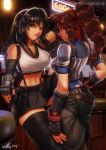  2girls 3d 3d_background armor ass back bar bar_stool black_hair black_legwear blender_(medium) boobplate breastplate brown_eyes brown_hair commentary crop_top elbow_gloves english_commentary final_fantasy final_fantasy_vii final_fantasy_vii_remake fingerless_gloves gloves headband jessie_(ff7) long_hair looking_at_viewer looking_back low-tied_long_hair materia melficexd multiple_girls navel parted_lips pleated_skirt ponytail red_headband shoulder_armor sitting skirt smile standing stomach stool suspenders thighhighs tifa_lockhart 