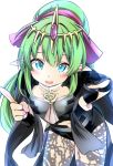  1girl armor byleth_(fire_emblem) byleth_(fire_emblem)_(female) byleth_(fire_emblem)_(female)_(cosplay) cosplay fire_emblem fire_emblem:_mystery_of_the_emblem fire_emblem:_three_houses green_eyes green_hair hahe highres leaning_forward long_hair navel_cutout open_mouth pantyhose pointy_ears ponytail solo tiara tiki_(fire_emblem) 