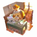  1:1 2020 accessory animal_crossing anthro beverage book canid canine chair cup female floppy_ears furniture hair_accessory hi_res isabelle_(animal_crossing) jamesghio mammal nintendo sitting solo table video_games window 