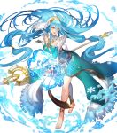  1girl asymmetrical_legwear azura_(fire_emblem) barefoot belt blue_hair breasts dress fingerless_gloves fire_emblem fire_emblem_fates fire_emblem_heroes full_body gloves hair_between_eyes hair_ornament highres jewelry long_hair long_sleeves medium_breasts necklace official_art shiny shiny_hair solo thigh_strap toes turtleneck veil very_long_hair yellow_eyes 