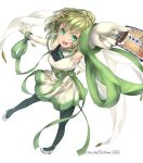  1girl :d anna_mel aqua_eyes arm_up armpits bangs bare_shoulders black_legwear blunt_bangs blush breasts card detached_sleeves dress english_text eyebrows_visible_through_hair floating_hair from_above full_body green_hair green_ribbon green_theme grey_footwear highres holding holding_card jewelry legs_apart looking_at_viewer magia_record:_mahou_shoujo_madoka_magica_gaiden mahou_shoujo_madoka_magica medium_breasts necklace open_mouth outstretched_arm pantyhose perspective pumps ribbon shiny shiny_hair shoes short_dress short_hair simple_background sleeveless sleeveless_dress smile smoke solo soul_gem standing standing_on_one_leg starry_sky_print strappy_heels tarot teeth the_tower tower twitter_username unusablenameaaa upper_teeth v-shaped_eyebrows veil white_background white_dress 
