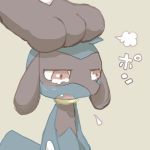  1:1 2015 ambiguous_gender anthro baby_pok&eacute;mon black_body black_fur blue_body blue_fur blush bodily_fluids canid canine crying duo fur japanese_text low_res lucario mammal nintendo petting pok&eacute;mon pok&eacute;mon_(species) riolu sikai simple_background tan_background tears text video_games 