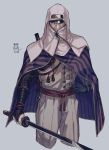  1boy animal bandages blue_eyes bracelet cloak covered_mouth grey_background highres holding holding_sword holding_weapon jewelry lfoudon lone_shadow_ninja male_focus mouse ninja pouch purple_cloak ribbon rope scabbard sekiro:_shadows_die_twice sheath simple_background sketch solo striped sword vambraces weapon 