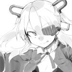  1girl :p eyepatch girls_frontline hair_ornament highres jacket monochrome myon2 portrait sketch skorpion_(girls_frontline) solo tongue tongue_out twintails 