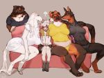  2020 anthro bebebebebe blush bottomwear breasts brown_body brown_fur canid canine claws clothed clothing female fur furniture grey_background hi_res larger_female male mammal multicolored_body multicolored_fur pants shirt simple_background size_difference smaller_male sofa topwear white_body white_fur 