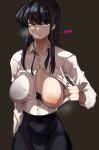  1girl black_bra black_eyes black_hair bra bra_through_clothes breasts collared_shirt commentary_request heavy_breathing highres komi-san_wa_komyushou_desu komi_shouko korean_commentary long_hair looking_at_viewer mamimi_(mamamimi) one_breast_out open_clothes open_shirt school_uniform shirt shirt_tucked_in simple_background solo unbuttoned unbuttoned_shirt underwear white_shirt 