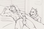  absurd_res anthro bodily_fluids brother canid canine canis erection genital_fluids genitals hi_res humanoid_genitalia humanoid_penis incest_(lore) male male/male mammal orioz penis precum sibling sleeping solo wet_dream wolf 