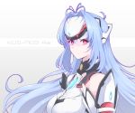  1girl ahoge android aqua_hair bangs breasts character_name closed_mouth forehead_protector glowing grey_background headpiece highres kos-mos_re: large_breasts long_hair looking_at_viewer mochimochi_(xseynao) parted_bangs red_eyes science_fiction simple_background solo two-tone_background upper_body white_background xenoblade_(series) xenoblade_2 xenosaga 