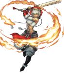  1girl abs bare_shoulders biceps boots breasts cleavage club dark_skin facial_mark fire fire_emblem fire_emblem_fates fire_emblem_heroes full_body fur_trim highres holding holding_weapon lips mask mask_on_head medium_breasts midriff muscle muscular_female navel official_art open_mouth pants rinkah_(fire_emblem) sarashi solo spiked_club stomach weapon 