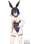  1girl animal_ears bangs black_hair blue_hair blue_nails bow bowtie breasts bunny_ears bunnysuit cleavage closed_mouth contrapposto covered_navel feet_out_of_frame groin hair_between_eyes hand_on_hip highres horshid_(pso2) medium_hair multicolored_hair ofudou phantasy_star phantasy_star_online_2 simple_background skindentation smile solo standing thigh_strap two-tone_hair white_background wrist_cuffs 