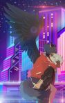  anime anthro black_body black_feathers black_fur blue_body blue_fur blue_hair brand_new_animal brown_body brown_fur canid canine city clothed clothing embrace eyes_closed feathers female fingers fluffy fluffy_tail fur hair hi_res human human_on_anthro interspecies jacket kissing male male/female mammal michiru_kagemori multicolored_body multicolored_fur multicolored_hair osnach_kristina raccoon_dog shirou_ogami short_hair studio_trigger tanuki topwear white_hair 