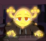  absurd_res bedroom bendy_straw beverage captainkirb cartoon_network clothed clothing computer computer_mouse eyelashes fairy female glowing glowing_body hi_res hoodie horn inside jacket keyboard mirror night penny_fitzgerald solo solo_focus straw the_amazing_world_of_gumball topwear yellow_body 