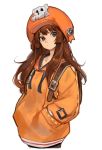  1girl backpack bag belt_buckle brown_background brown_eyes brown_hair buckle closed_mouth guilty_gear guilty_gear_strive hands_in_pockets hat highres hood hood_down hoodie long_hair may_(guilty_gear) orange_headwear orange_hoodie simple_background skull solo standing uncle_rabbit_ii white_background 