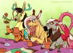  antlers blue_eyes chimera draconequus fan_character fangs female flower group hair hi_res horn hybrid inuhoshi-to-darkpen male my_little_pony paws pink_hair plant plant_pot serenity_(oc) sibling talons terracotta_pot 
