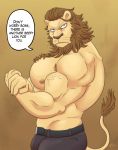  2020 anthro beastars bottomwear clothed clothing dolph_(beastars) english_text felid hi_res jabuhusky lion looking_at_viewer male mammal muscular nipples pantherine pants solo text topless whiskers 