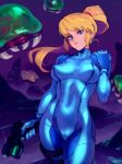  1girl artist_name blonde_hair blue_eyes bodysuit covered_navel covered_nipples fangs gun looking_at_viewer metroid metroid_(creature) mole mole_under_mouth optionaltypo ponytail samus_aran solo space_craft weapon zero_suit 