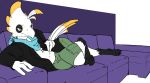  absurd_res anthro avian bird clothed clothing fully_clothed furniture hi_res lying male on_side robin_(otterjunk) securipun sofa solo 