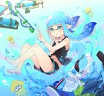  1girl air_bubble bangs barefoot black_shirt black_shorts blue_footwear blue_hair blue_headwear blunt_bangs boonie_hat bubble classic_squiffer_(splatoon) closed_mouth commentary day domino_mask dress_shirt emblem finger_to_chin green_eyes green_shirt gym_shorts inkling light_frown long_hair mask mouth_mask navel pointy_ears shirt shoes short_shorts shorts solo splash-o-matic_(splatoon) splatoon_(series) splatoon_2 splattershot_pro_(splatoon) squid submerged sunlight t-shirt takeko_spla tank_top tentacle_hair underwater white_shirt 