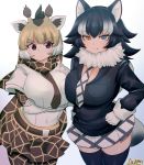  2girls absurdres animal_ears arm_at_side artist_name asymmetrical_docking bangs belt black_eyes black_hair blonde_hair blue_eyes bodystocking breast_press breasts brown_hair buttons closed_mouth covered_navel crossed_arms eyebrows_visible_through_hair fang fang_out fur_collar giraffe_ears giraffe_horns giraffe_print gloves grey_wolf_(kemono_friends) hand_on_hip heterochromia highres impossible_clothes impossible_jacket impossible_shirt jacket kemono_friends large_breasts long_hair long_sleeves looking_at_another looking_at_viewer looking_to_the_side multicolored_hair multiple_girls necktie orange_eyes raised_eyebrow reticulated_giraffe_(kemono_friends) ryuusui_arumo scarf shirt short_over_long_sleeves short_sleeves side-by-side skirt smile tail two-tone_hair white_hair wolf_ears wolf_girl wolf_tail 