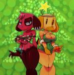  2019 4_fingers animal_crossing anthro areola beady_eyes big_breasts bracelet breasts canid canine canis cherry_(animal_crossing) christmas christmas_lights christmas_ornament claws cleavage clothed clothing covering covering_crotch domestic_dog dress duo female fingers floppy_ears fur genitals goldie_(animal_crossing) grey_eyes hair half-closed_eyes hi_res holidays jewelry looking_at_viewer mammal mostly_nude narrowed_eyes navel nintendo nipples pawpads piercing pink_nose pussy red_body red_fur rgbluegill short_dress smile standing video_games yellow_body yellow_fur 