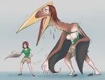  2020 azhdarchid beak before_and_after beingobscene breasts brown_hair clothing eyewear female glasses growth hair hi_res membrane_(anatomy) membranous_wings nipples open_mouth pterosaur reptile scalie shirt solo standing surprise topwear torn_clothing transformation wings 