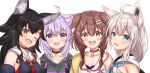  4girls :3 absurdres ahoge animal_ears armpit_crease bangs black_hair blue_eyes blush bone_hair_ornament braid breasts brown_eyes brown_hair cat_ears choker cleavage collar collarbone dog_collar dog_ears fang fox_ears highres hololive huge_filesize inugami_korone multiple_girls namekuji_ojiichan nekomata_okayu ookami_mio open_mouth purple_eyes purple_hair shirakami_fubuki sideboob silver_hair simple_background smile twin_braids virtual_youtuber white_background wolf_ears yellow_eyes 