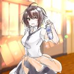  :o ahoge azur_lane baltimore_(after-school_ace)_(azur_lane) baltimore_(azur_lane) bangs beige_cardigan beige_sweater black_choker black_neckwear black_skirt blush bottle brown_hair cardigan_around_waist choker clothes_around_waist collared_shirt commentary_request hair_between_eyes highres holding holding_bottle indoors loose_necktie necktie one_eye_closed open_mouth rurekutye school shirt short_hair short_sleeves skirt sweater_around_waist tied_sweater water_bottle white_shirt 