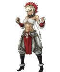  1girl abs bangs bare_shoulders biceps boots breasts brown_eyes cleavage clenched_hands closed_mouth dark_skin facial_mark fire_emblem fire_emblem_fates fire_emblem_heroes full_body highres lips looking_at_viewer mask mask_on_head medium_breasts midriff muscle muscular_female navel official_art pants platinum_blonde_hair rinkah_(fire_emblem) sarashi shiny shiny_skin solo standing stomach 
