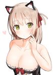  1girl animal_ear_fluff animal_ears bangs bare_arms bare_shoulders black_dress blush bow breasts cat_ears cleavage collarbone commentary_request dress eyebrows_visible_through_hair hair_between_eyes hair_ribbon hand_up heart highres idemitsu large_breasts light_brown_hair long_hair one_side_up original red_bow red_ribbon ribbon scratching_cheek simple_background solo strapless strapless_dress upper_body white_background yellow_eyes 