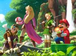  2boys 2girls arrow bag blonde_hair blue_eyes boots bow_(weapon) brown_hair coat commentary english_commentary facial_hair fire_flower forest gloves highres knee_boots link long_hair mario mario_(series) master_sword mauricio_abril multiple_boys multiple_girls mushroom mustache nature nintendo outdoors parody pointy_ears princess_peach princess_zelda quiver shield short_hair style_parody super_mario_bros. super_mushroom sword the_legend_of_zelda tiara tunic warp_pipe water waterfall weapon 