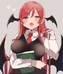  1girl :o bangs black_vest blush book breasts commentary_request demon_wings eyebrows_visible_through_hair fang grey_background hand_in_hair hand_up head_wings heart highres holding holding_book koakuma large_breasts long_hair long_sleeves looking_at_viewer necktie open_mouth red_eyes red_hair red_neckwear satoupote shirt simple_background skin_fang solo touhou upper_body vest white_shirt wings 
